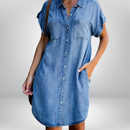Briselle – Rolled Sleeve Button-Down Denim Shirt Dress for Women