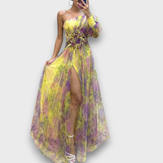 Aurielle – Asymmetrical Maxi Dress with Floral Transparency