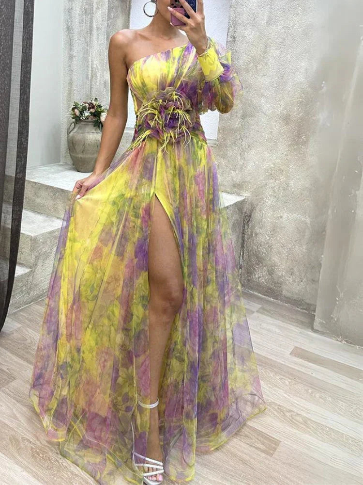 Aurielle – Asymmetrical Maxi Dress with Floral Transparency