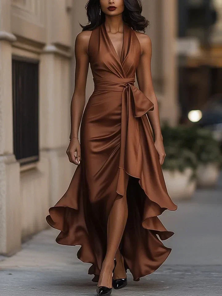 Darlene – Satin Halter Neck Ruffle Evening Gown for Women