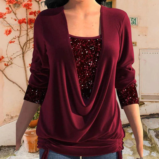 Celiva – Sequin Drape-Layered Elegance Top