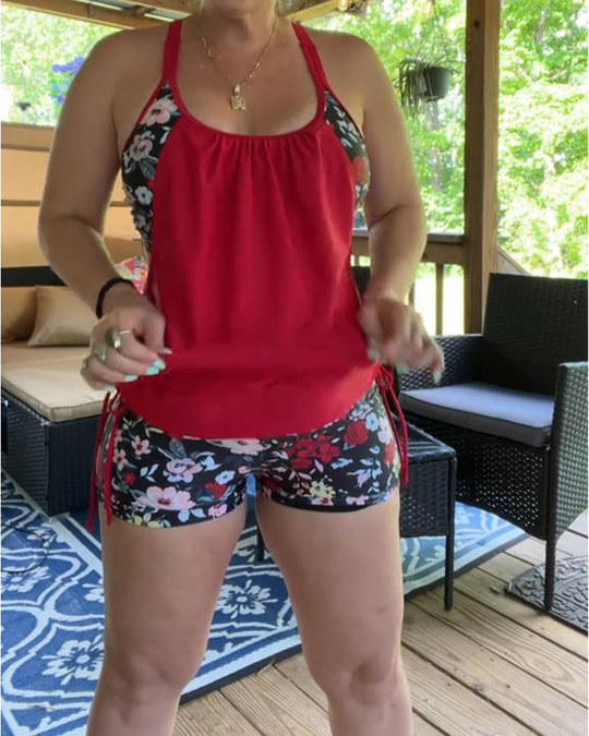 Roskira – Floral Mesh Panel Tankini Set with Shorts