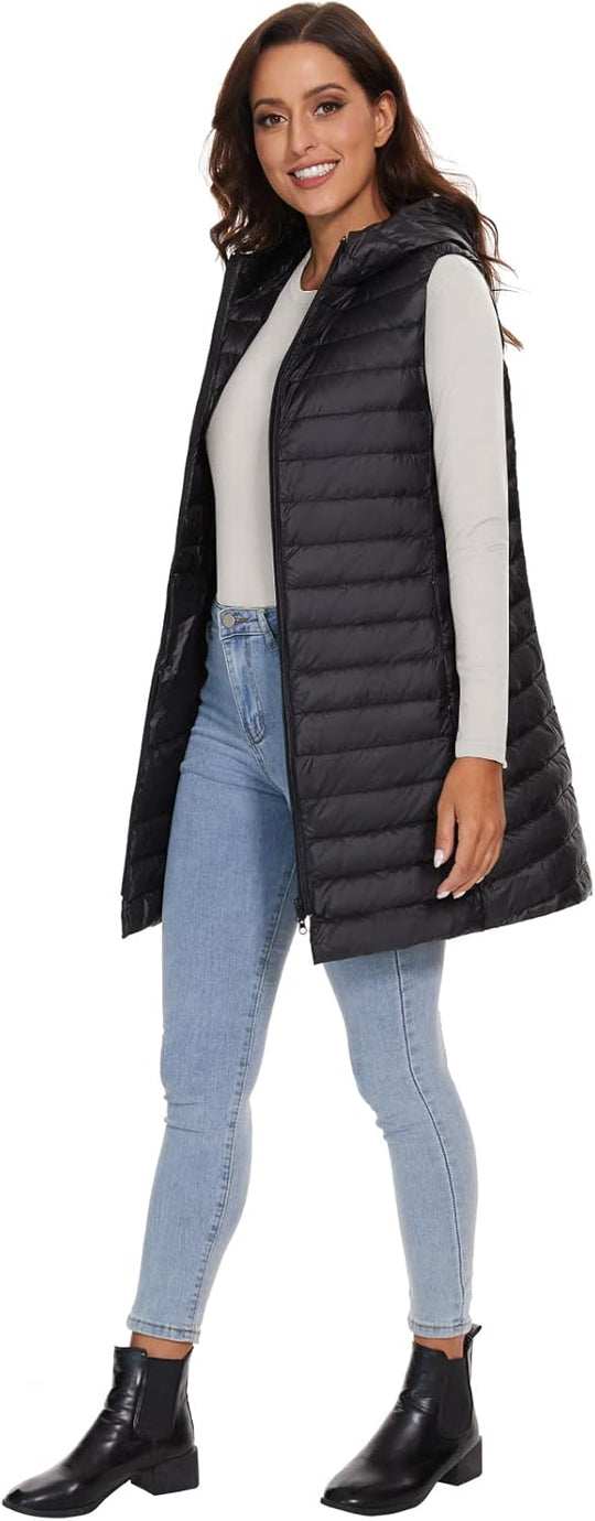 Jaimee – Long Hooded Down Puffer Vest for Women