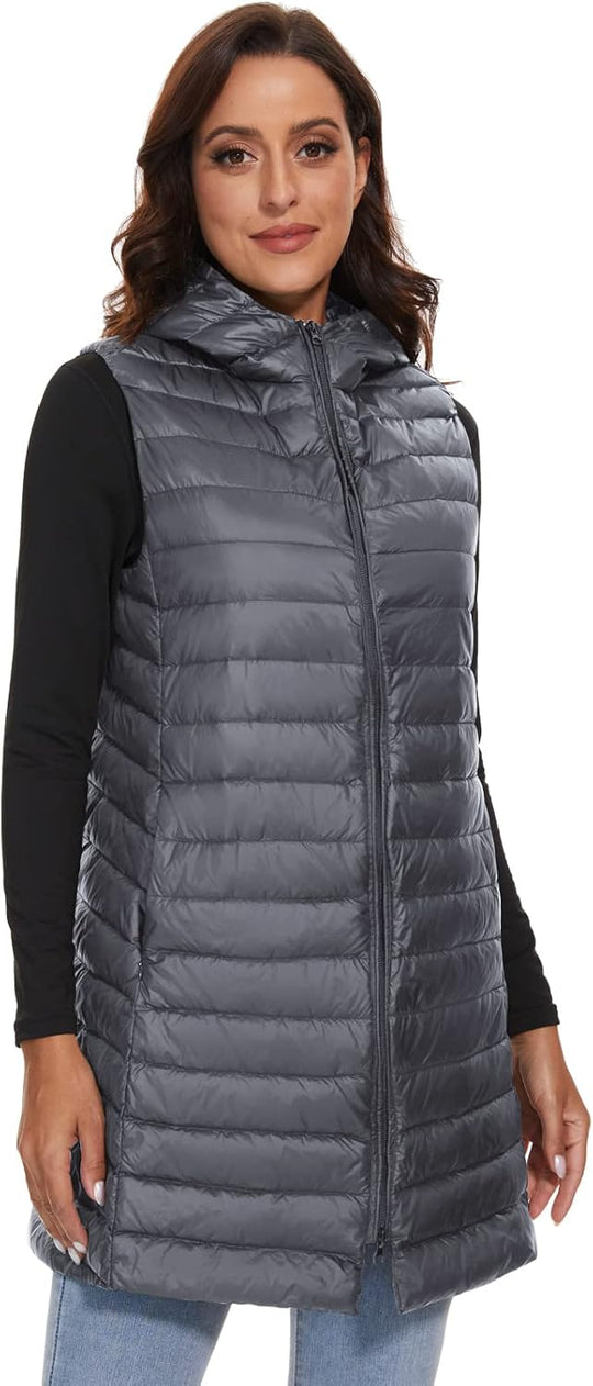 Jaimee – Long Hooded Down Puffer Vest for Women