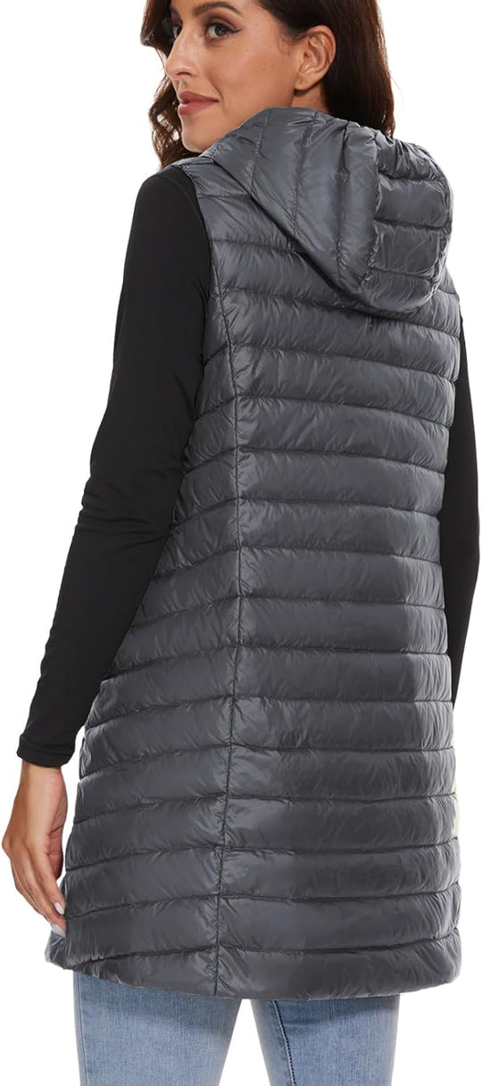Jaimee – Long Hooded Down Puffer Vest for Women