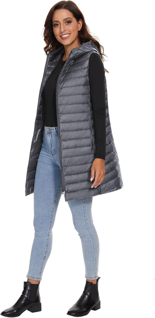 Jaimee – Long Hooded Down Puffer Vest for Women