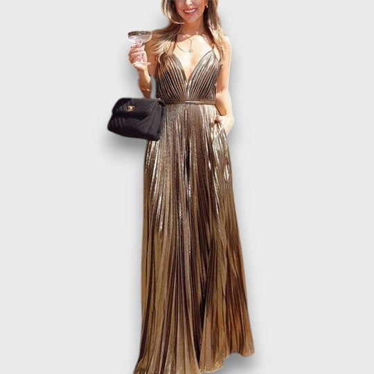 Aurora – Golden Pleated Dress with Deep Neckline