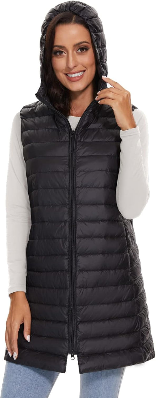 Jaimee – Long Hooded Down Puffer Vest for Women