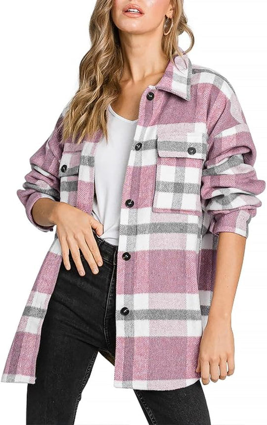 Izzie – Oversized Plaid Button-Up Shacket for Women