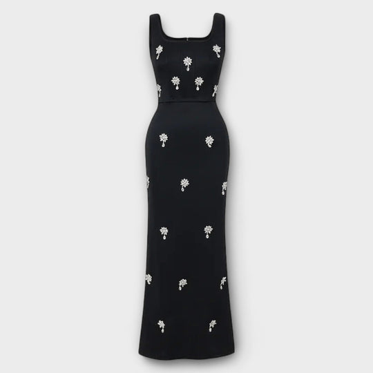 Aviane – Black Ensemble with Pearl Zipper Top and Skirt