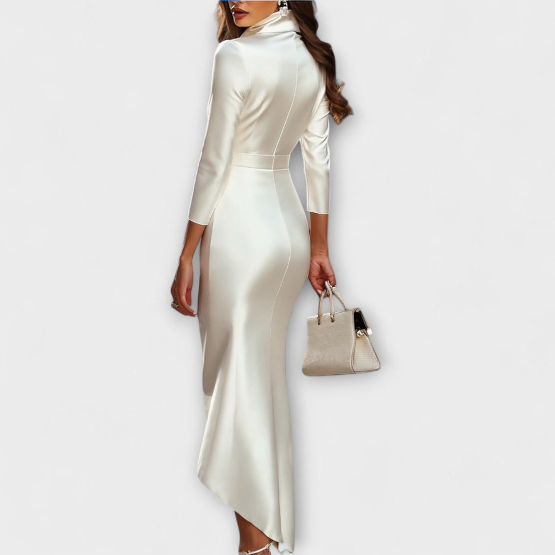 Danira – Asymmetrical Satin Wrap Dress with Stand Collar