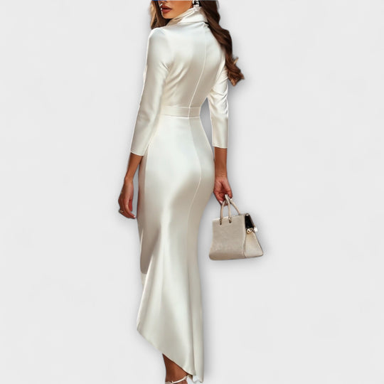 Danira – Asymmetrical Satin Wrap Dress with Stand Collar