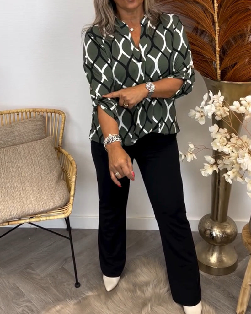 Embeth – Geometric Print V-Neck Blouse for Women