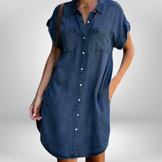 Briselle – Rolled Sleeve Button-Down Denim Shirt Dress for Women