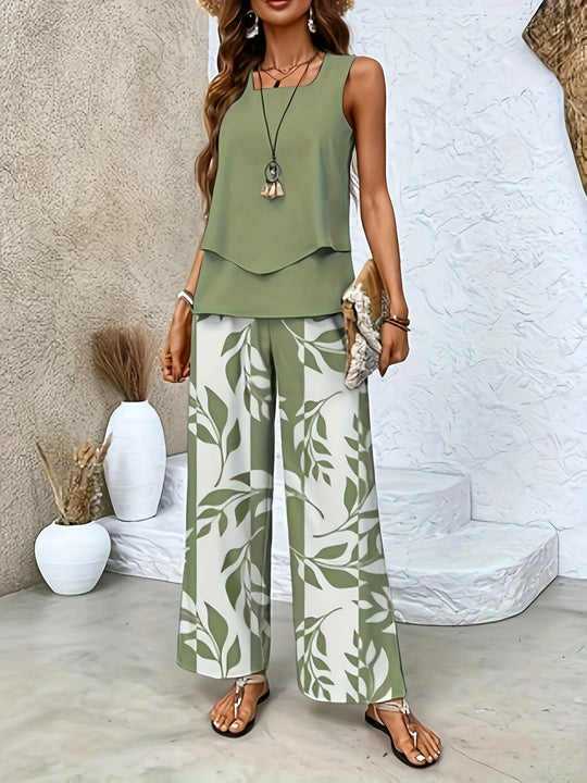 Ashtine – Sleeveless Leaf-Print Lounge Set for Women