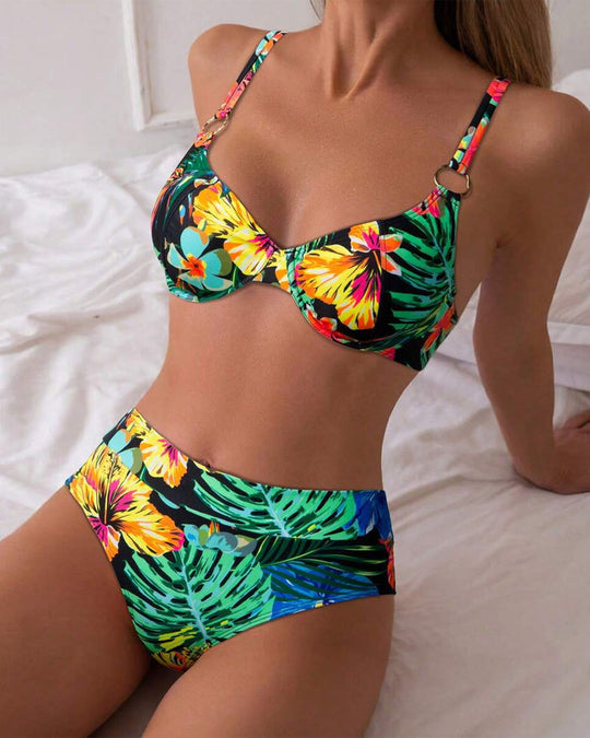 Regina – Tropical Garden High-Waist Bikini Set