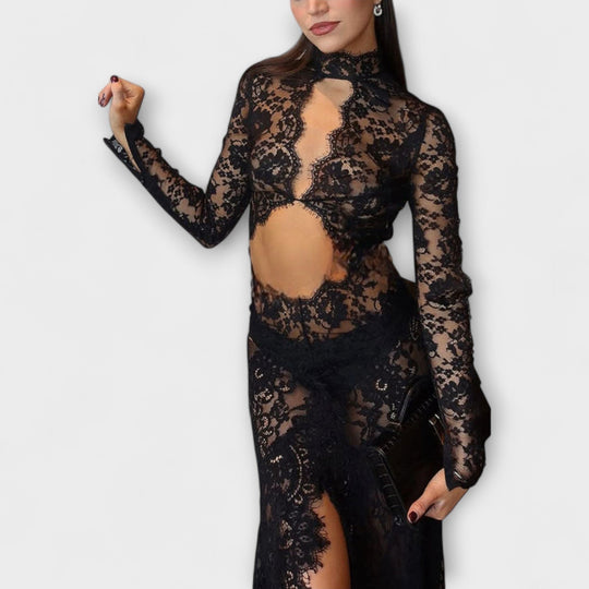 Azelina – Transparent Maxi Dress with Cut-outs and Lace Structure