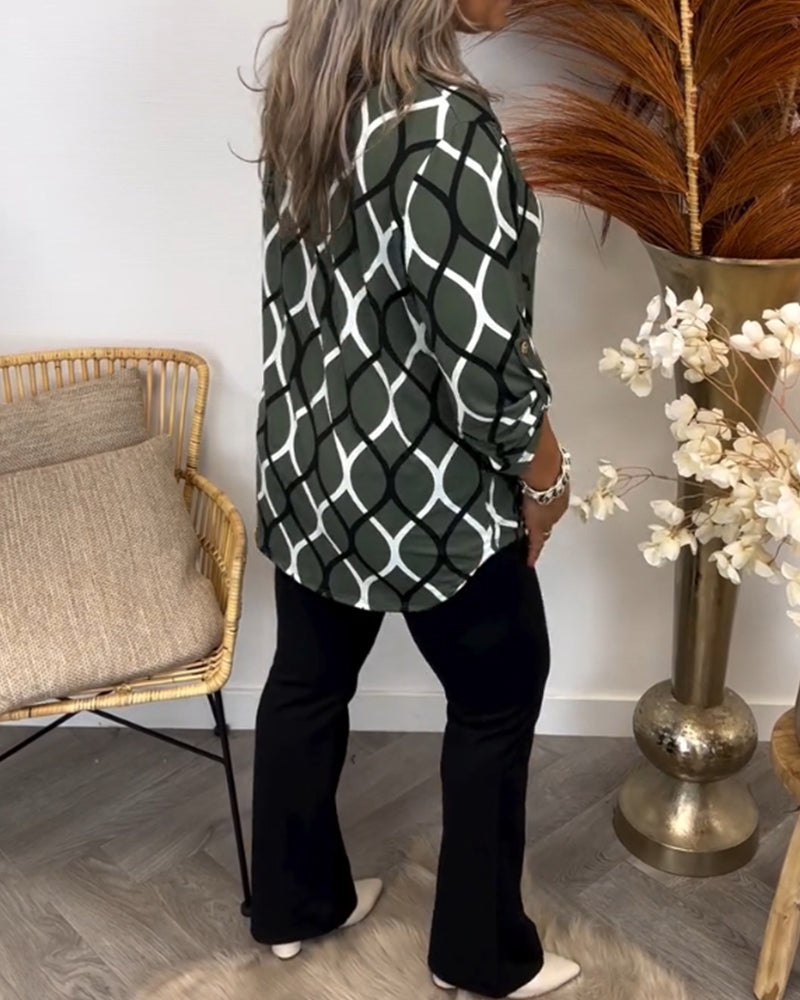 Embeth – Geometric Print V-Neck Blouse for Women
