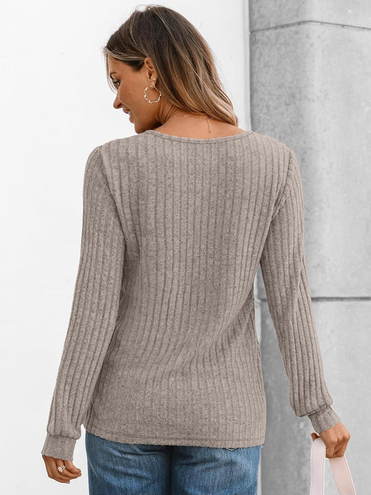 Janelle – Ribbed Knit Henley Long Sleeve Top for Women