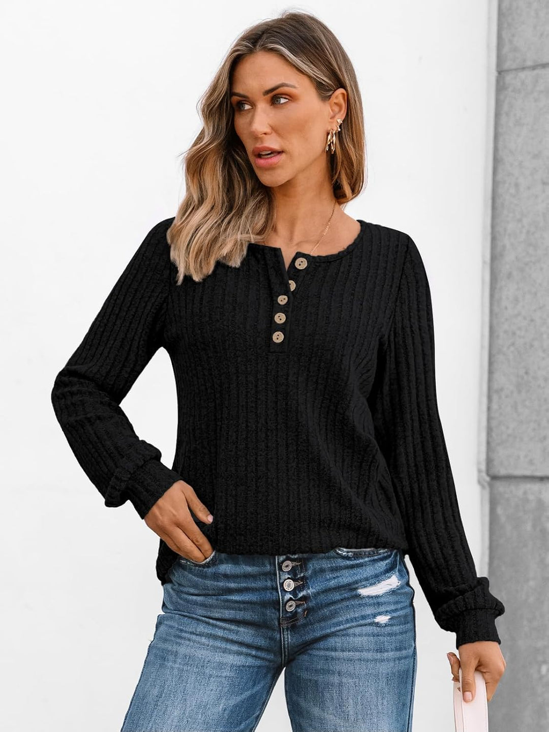 Janelle – Ribbed Knit Henley Long Sleeve Top for Women