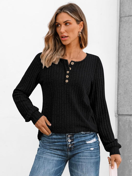 Janelle – Ribbed Knit Henley Long Sleeve Top for Women
