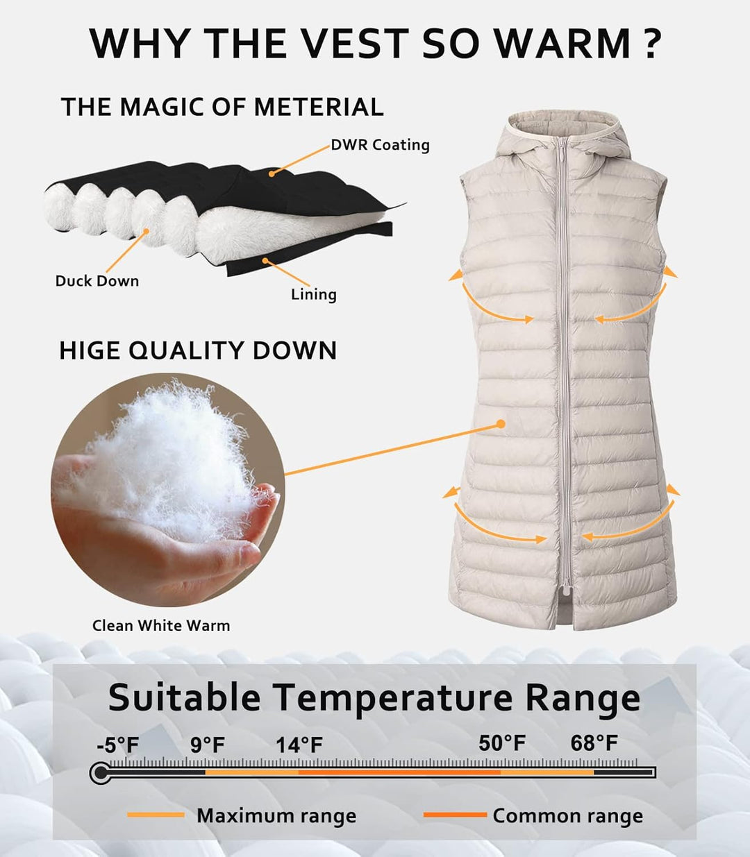 Jaimee – Long Hooded Down Puffer Vest for Women