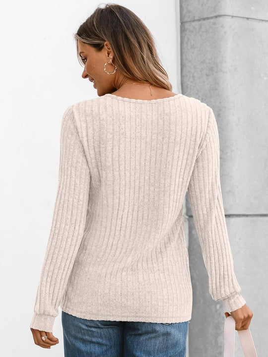 Janelle – Ribbed Knit Henley Long Sleeve Top for Women