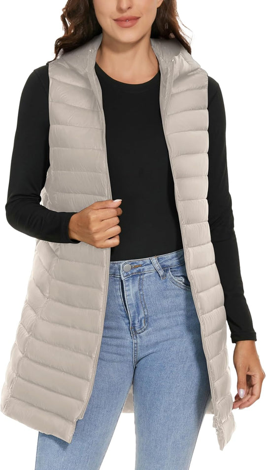 Jaimee – Long Hooded Down Puffer Vest for Women