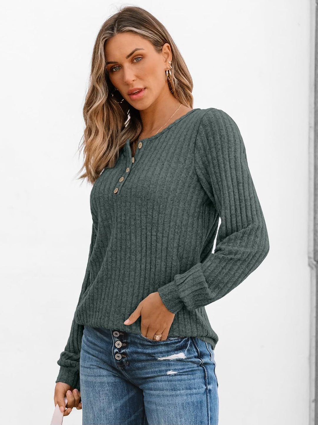 Janelle – Ribbed Knit Henley Long Sleeve Top for Women