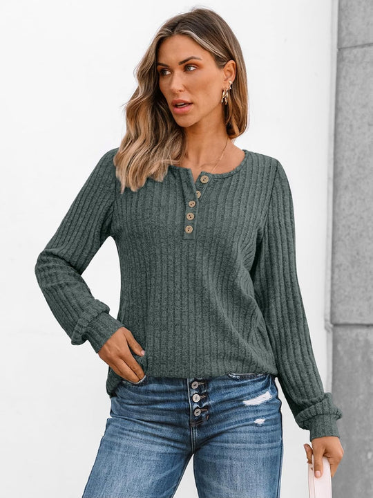 Janelle – Ribbed Knit Henley Long Sleeve Top for Women