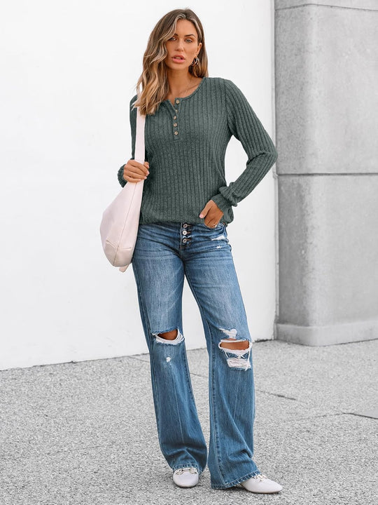 Janelle – Ribbed Knit Henley Long Sleeve Top for Women