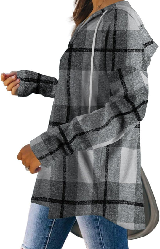 Sara – Cozy Plaid & Solid Print Hoodie Top for Women