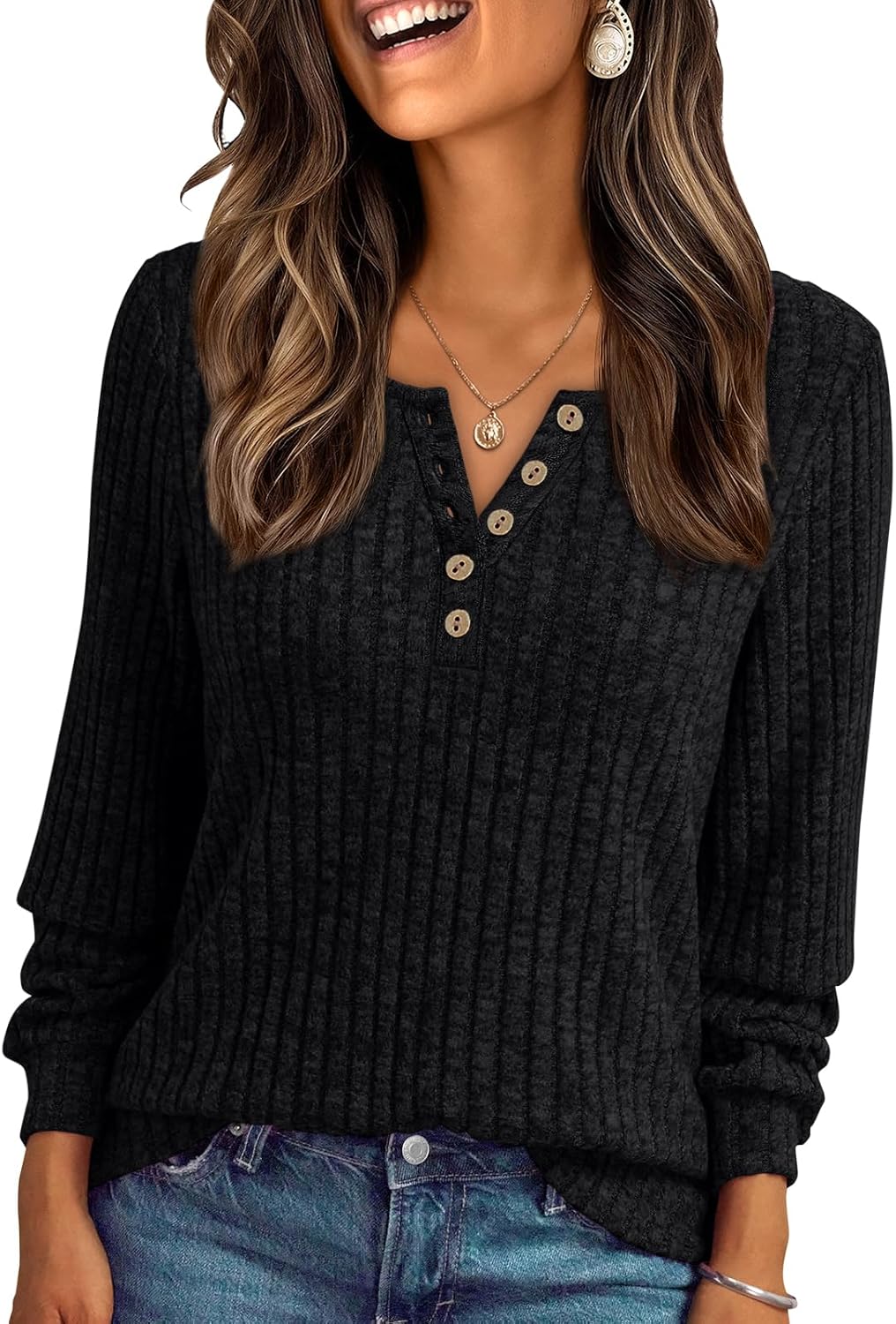 Janelle – Ribbed Knit Henley Long Sleeve Top for Women