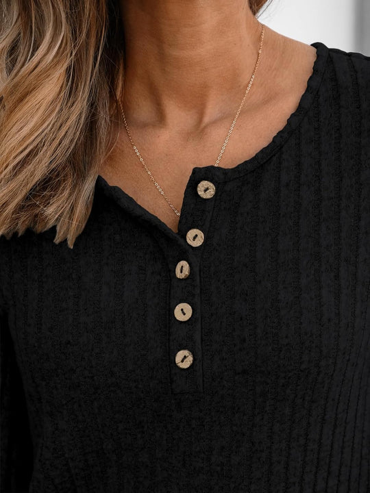 Janelle – Ribbed Knit Henley Long Sleeve Top for Women