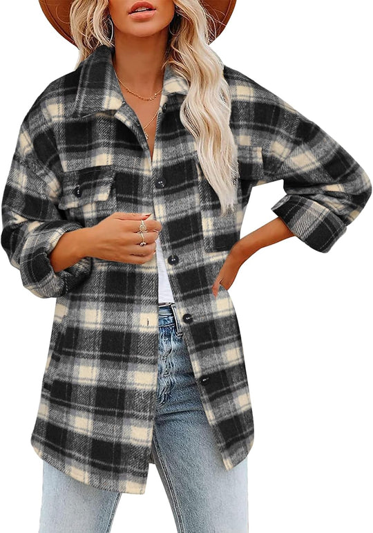 Izzie – Oversized Plaid Button-Up Shacket for Women