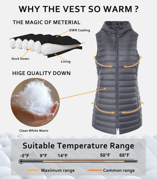 Jaimee – Long Hooded Down Puffer Vest for Women
