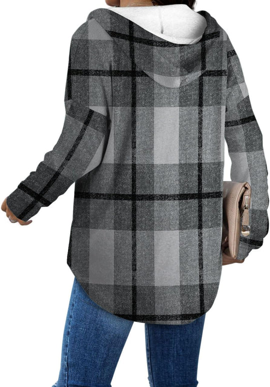 Sara – Cozy Plaid & Solid Print Hoodie Top for Women