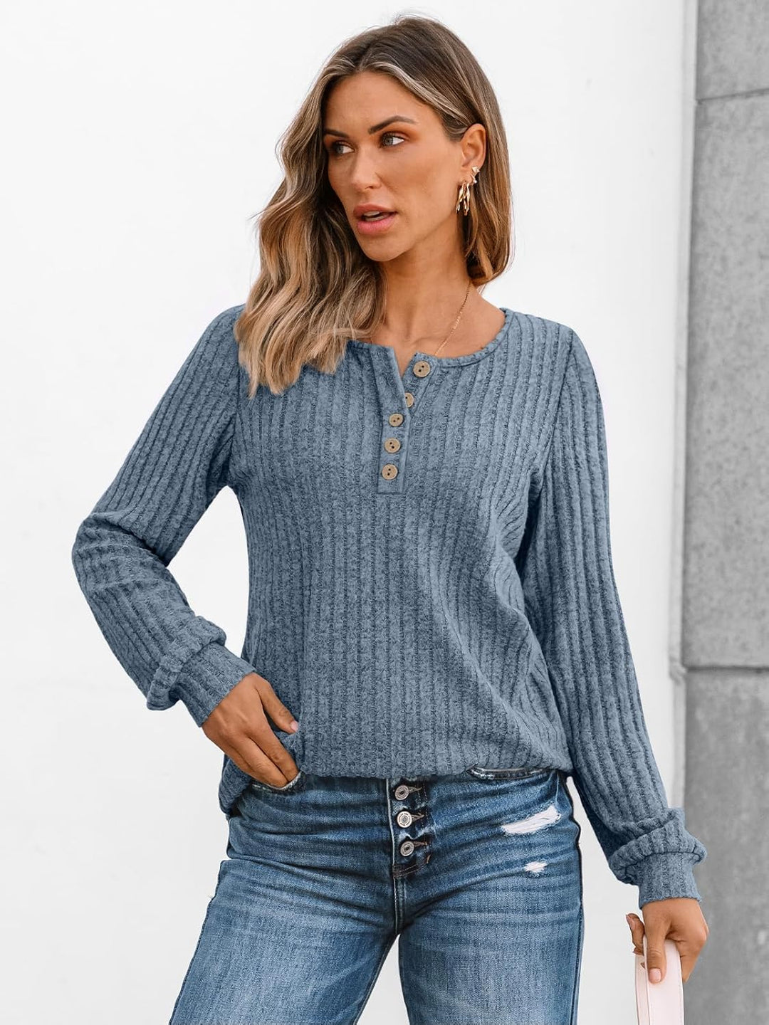 Janelle – Ribbed Knit Henley Long Sleeve Top for Women