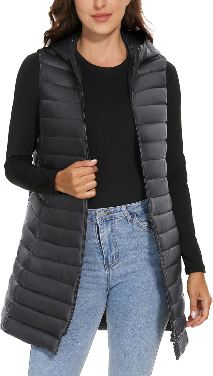 Jaimee – Long Hooded Down Puffer Vest for Women