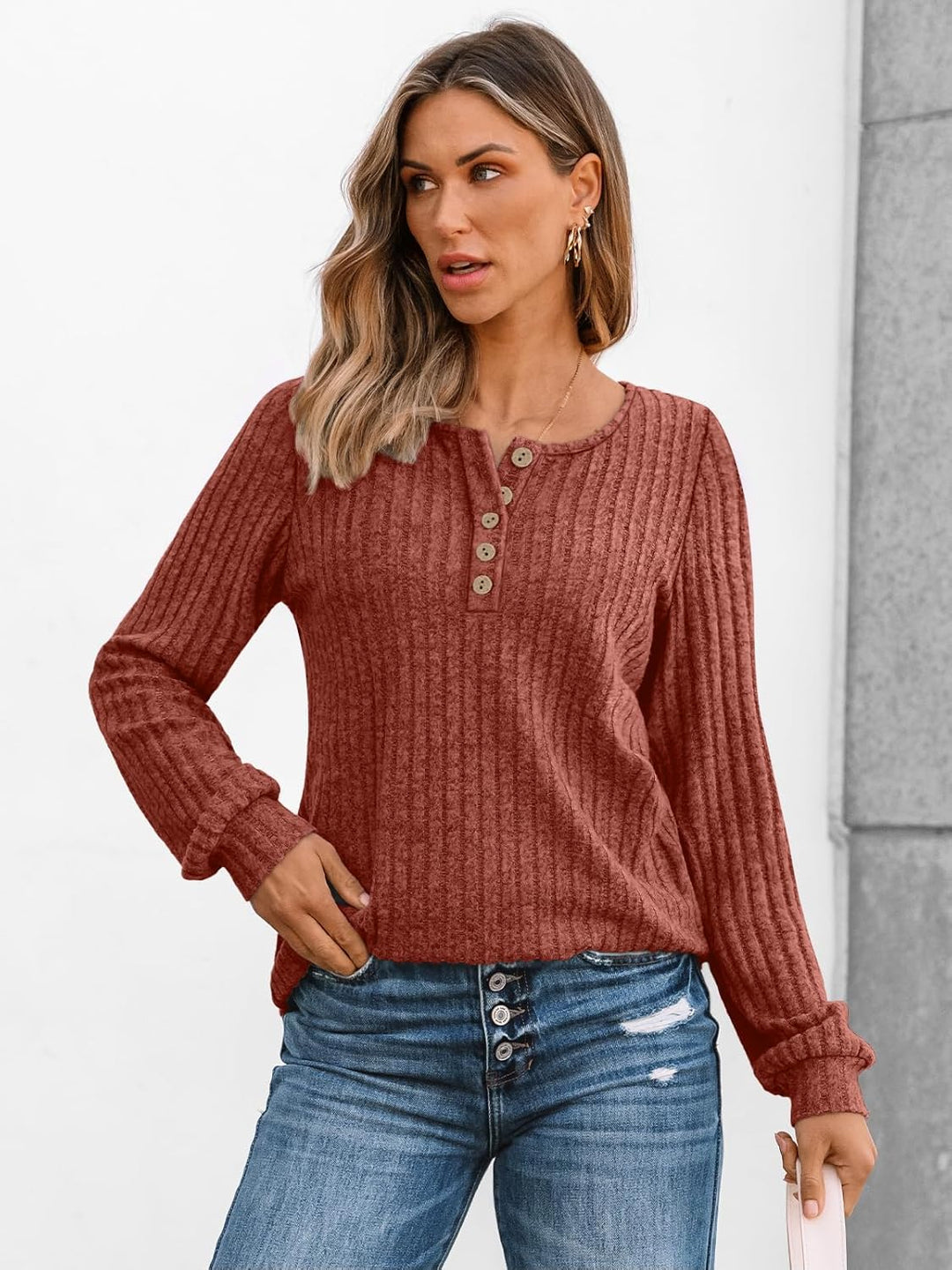 Janelle – Ribbed Knit Henley Long Sleeve Top for Women