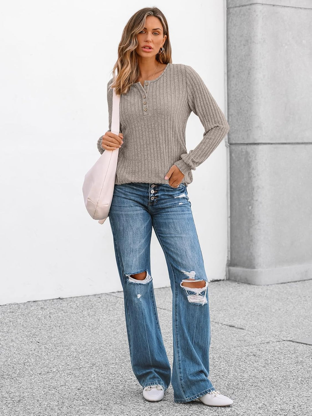 Janelle – Ribbed Knit Henley Long Sleeve Top for Women