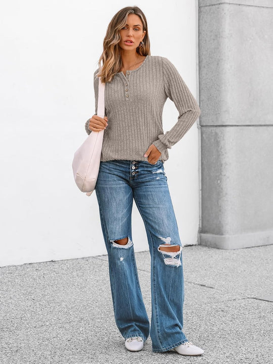 Janelle – Ribbed Knit Henley Long Sleeve Top for Women