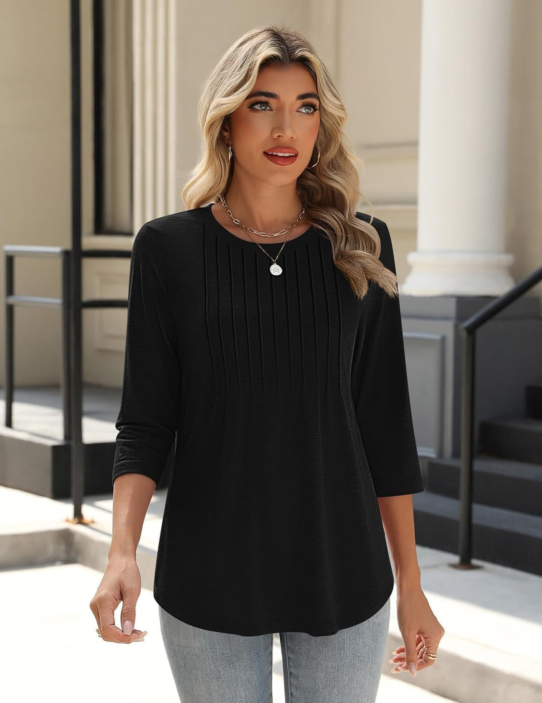 Princess – 3/4 Sleeve Floral Pleated Tunic Top for Women
