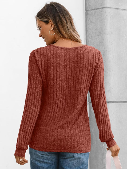 Janelle – Ribbed Knit Henley Long Sleeve Top for Women