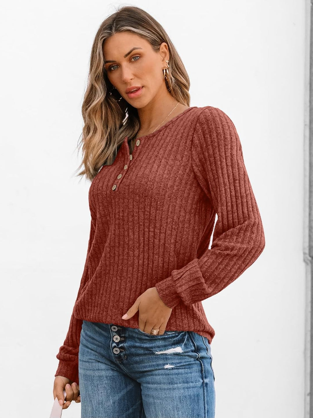 Janelle – Ribbed Knit Henley Long Sleeve Top for Women