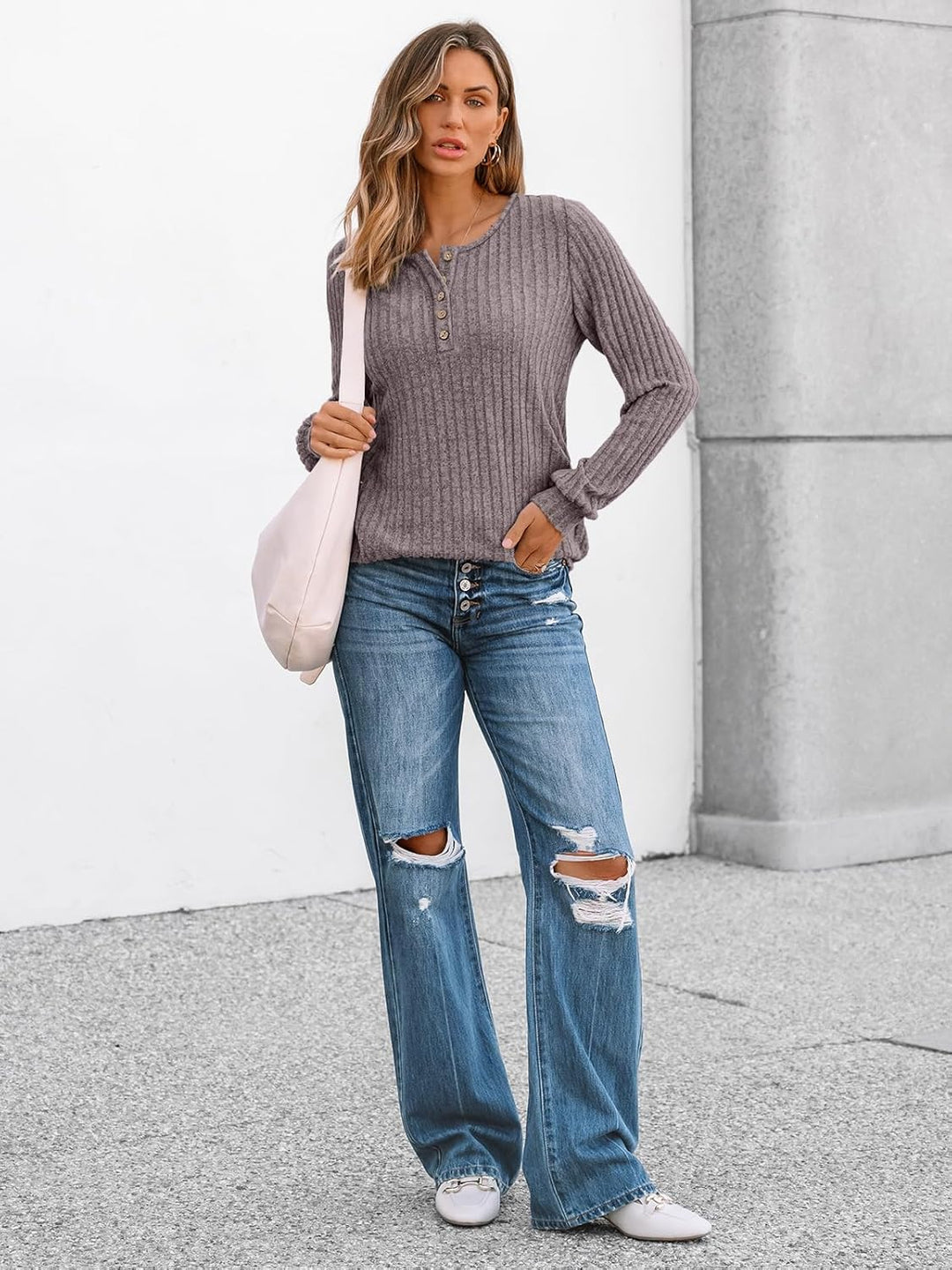 Janelle – Ribbed Knit Henley Long Sleeve Top for Women