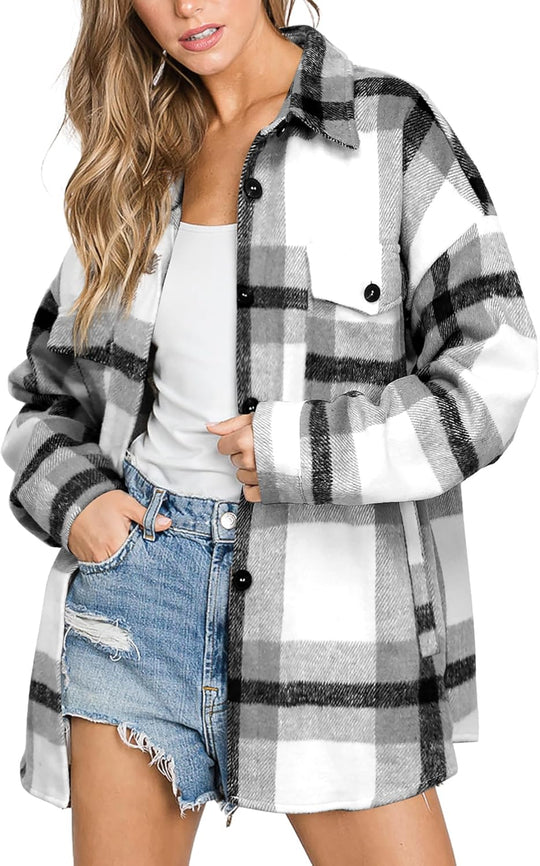 Izzie – Oversized Plaid Button-Up Shacket for Women