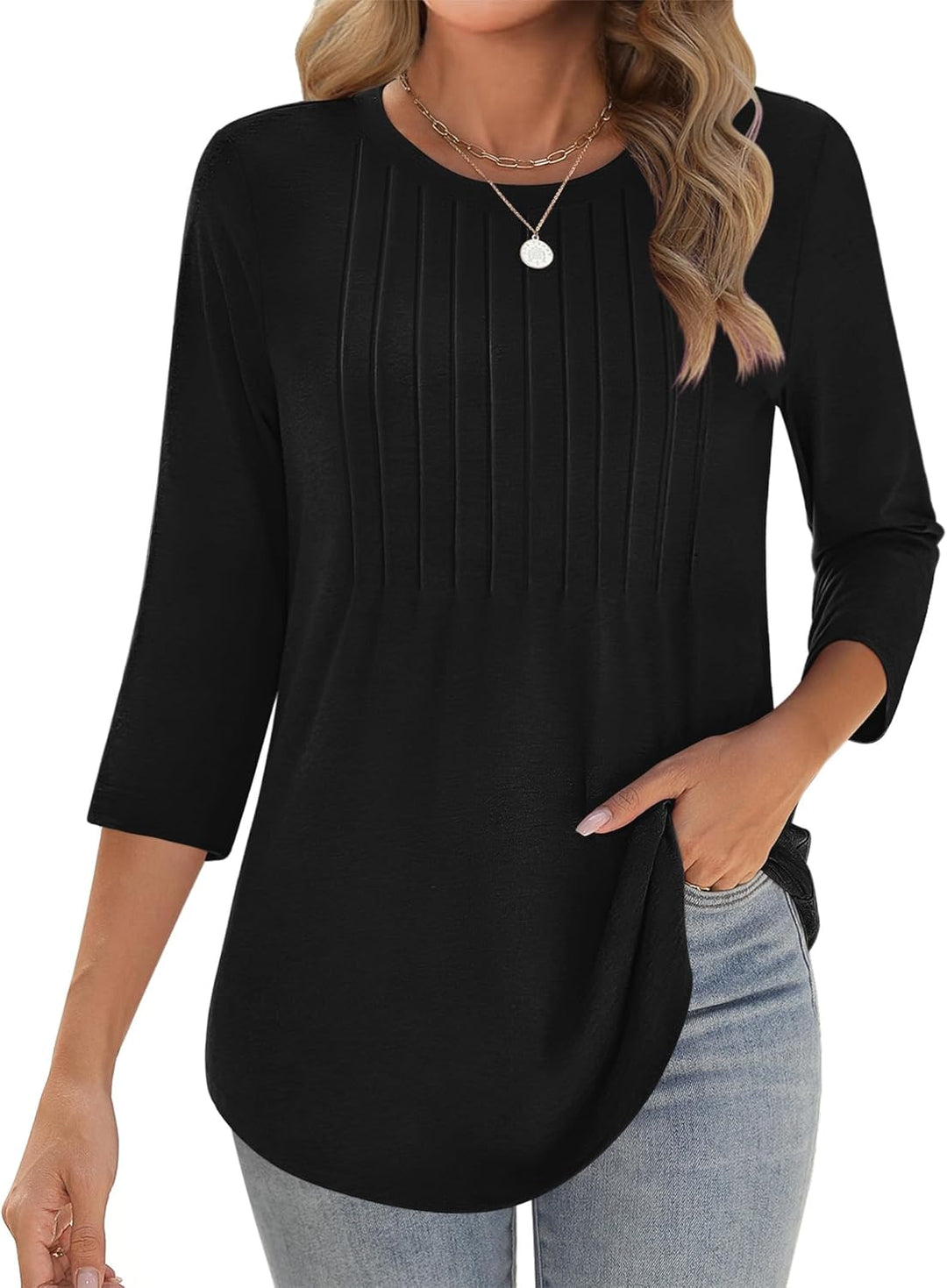 Princess – 3/4 Sleeve Floral Pleated Tunic Top for Women