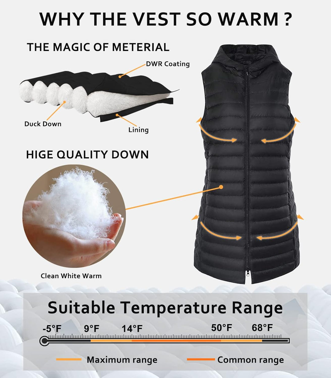 Jaimee – Long Hooded Down Puffer Vest for Women