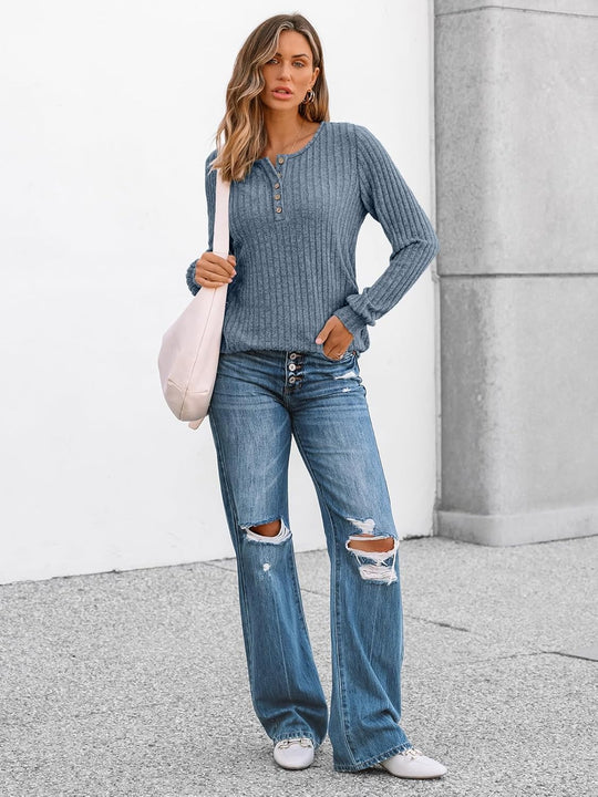 Janelle – Ribbed Knit Henley Long Sleeve Top for Women